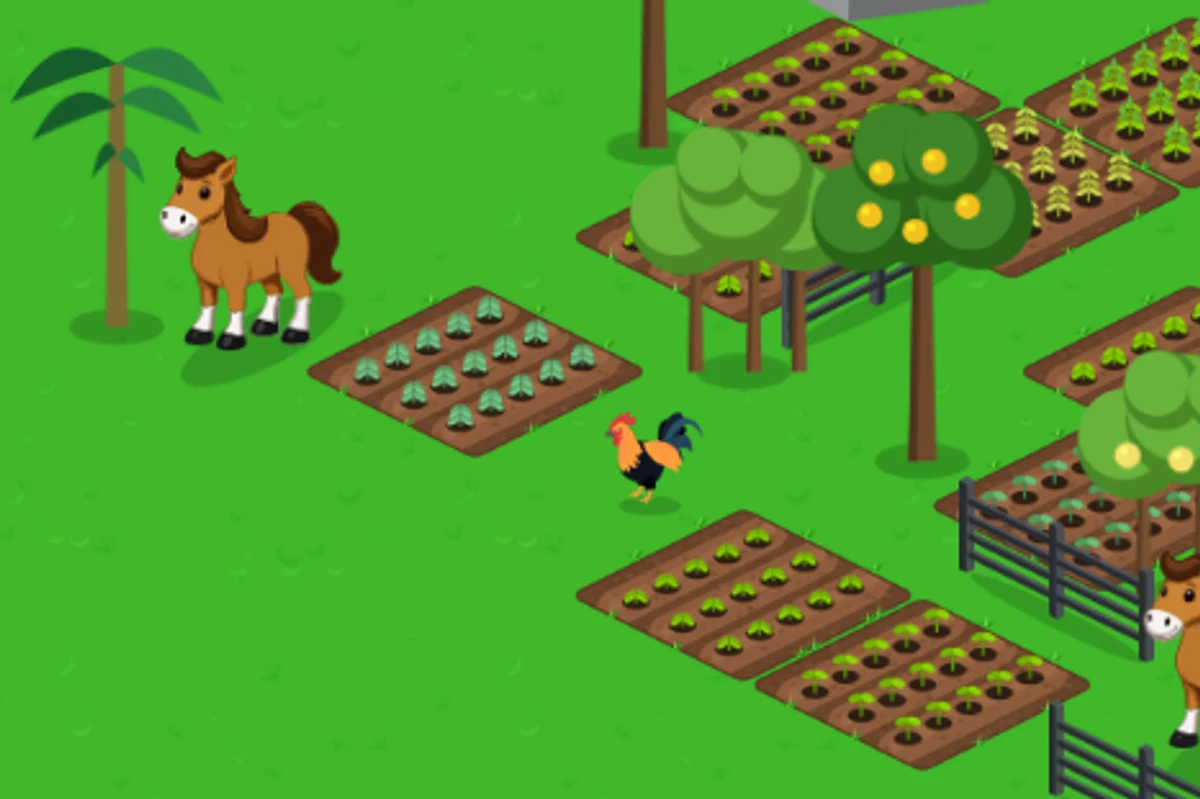 Cavalo, galo e canteiros de verduras no campo